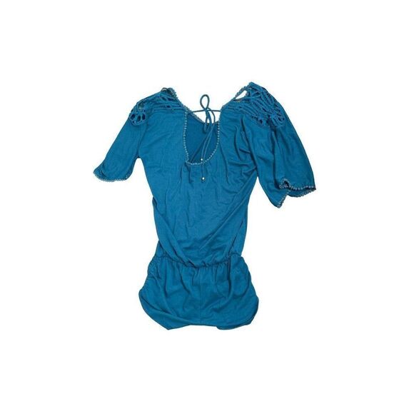 l space womens solid blue lace V Neck Short Sleeve Mini jumpsuit romper xs - Picture 2 of 4